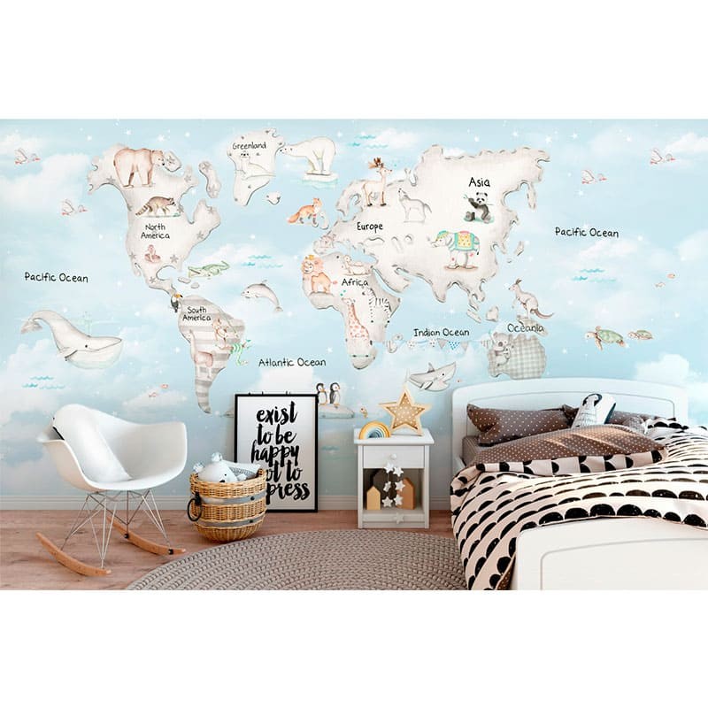 Mural Mapa Mundi Gris fondo azul