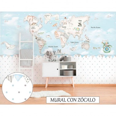 Mural Mapa Mundi Gris fondo azul