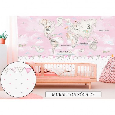 Mural Mapa Mundi Gris fondo rosa