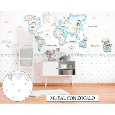 Mural Mapa Mundi Azul fondo blanco