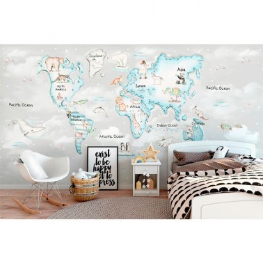 Mural Mapa Mundi Azul fondo gris