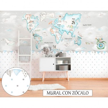 Mural Mapa Mundi Azul fondo gris