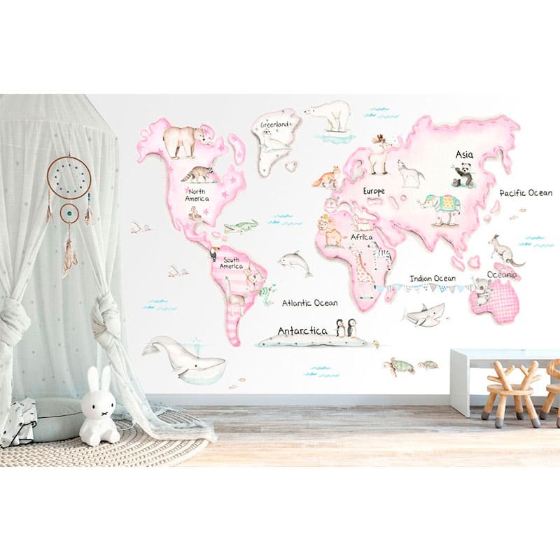 Mural Mapa Mundi Rosa fondo blanco