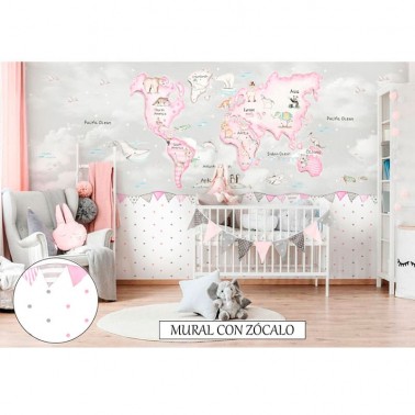 Mural Mapa Mundi Rosa fondo gris